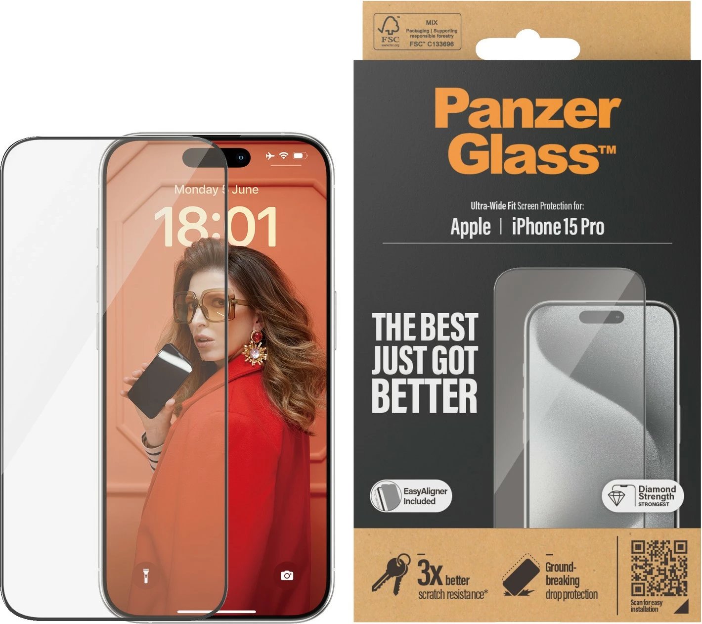 Mbrojtës ekrani PanzerGlass për iPhone 15 Pro, transparent, EasyAligner