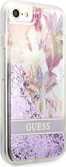 Mbështjellës, Guess, Flower Liquid Glitter, për iPhone SE 2022/SE 2020/7/8, hardcase TPU, me shkëlqim të lëngshëm dhe motiv lulesh, vjollcë