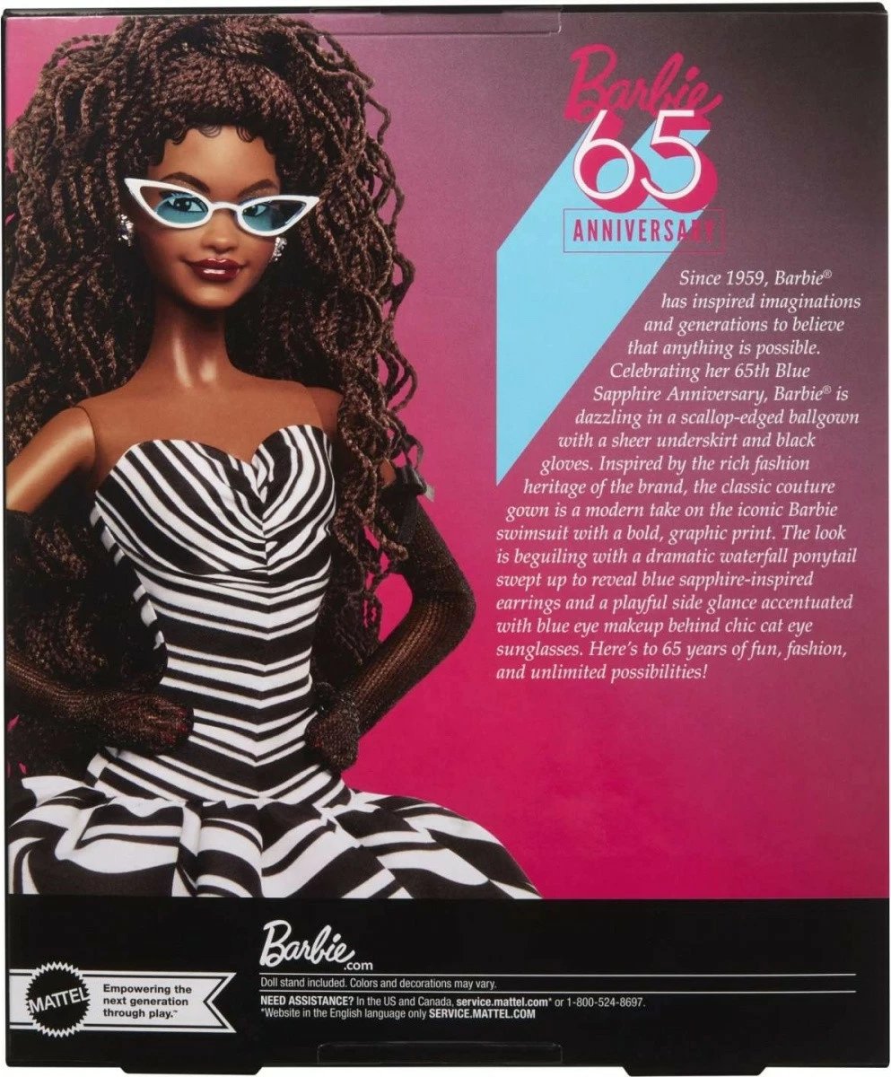 Kukull koleksionuese Barbie Signature 65 vjetori, Mattel HRM59, brunette, fustan bardh e zi