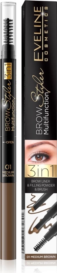 Laps për vetulla Eveline Cosmetics Brow Styler Multifunction 3-in-1 për femra 01 Medium Brown, 1 copë