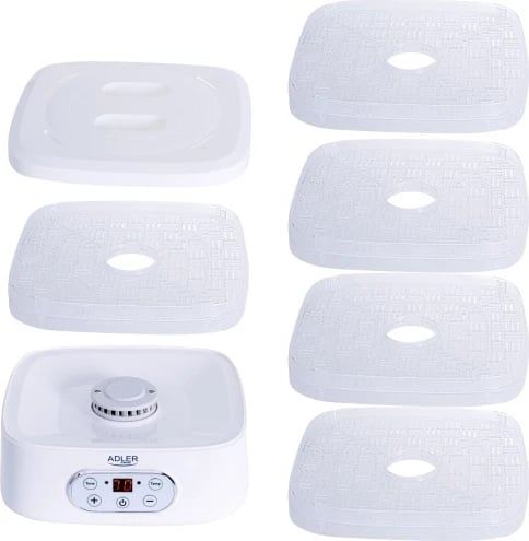 Dehidratues ushqimi, Adler AD 6658, 5 tabaka, temperaturë 35–70°C, timer 1–70 orë, 550W, LCD, i bardhë