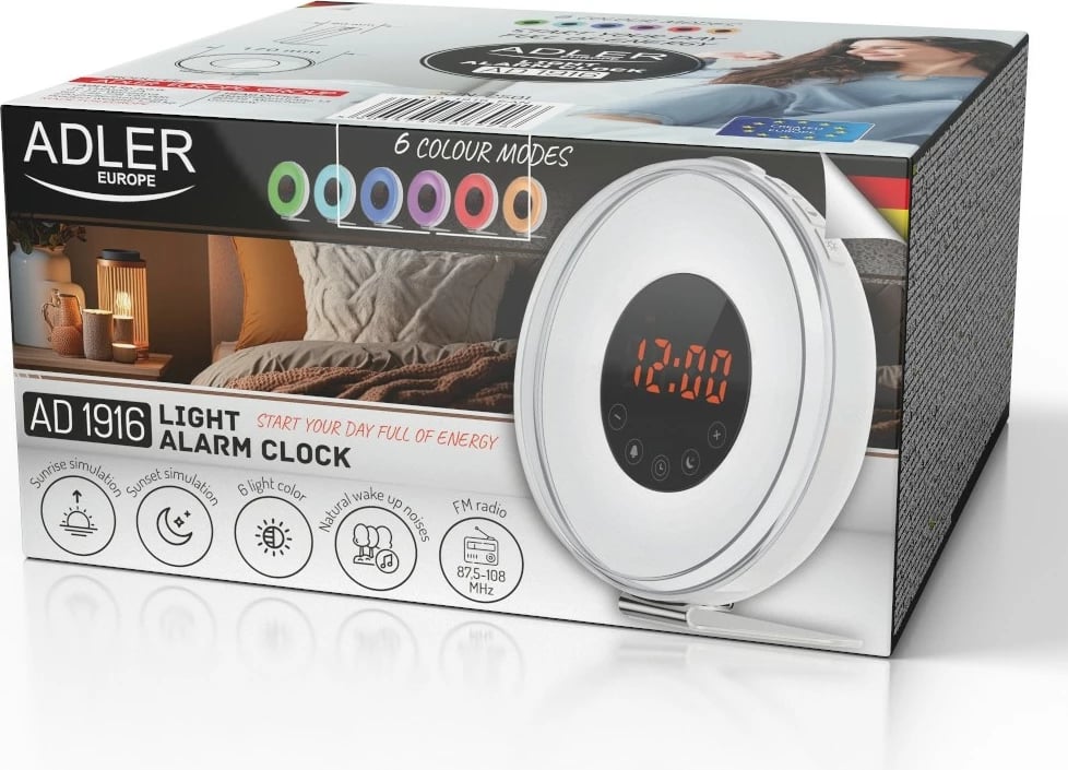 Zgjues me dritë, Adler AD1916, simulim agimi, radio FM, USB-C, ngjyrë e bardhë