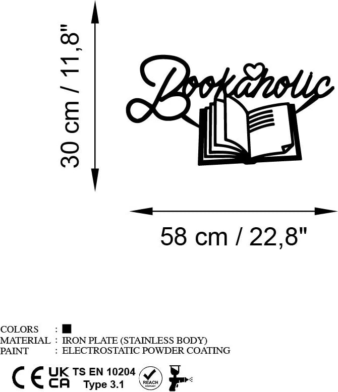 Aksesor dekorativ metalik për mur, Wallity, Book a Holic, ngjyrë e zezë, 58x30cm