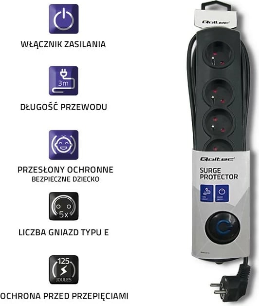 Prizë mbrojtëse Qoltec 50271, 5 dalje, 3m, e zezë