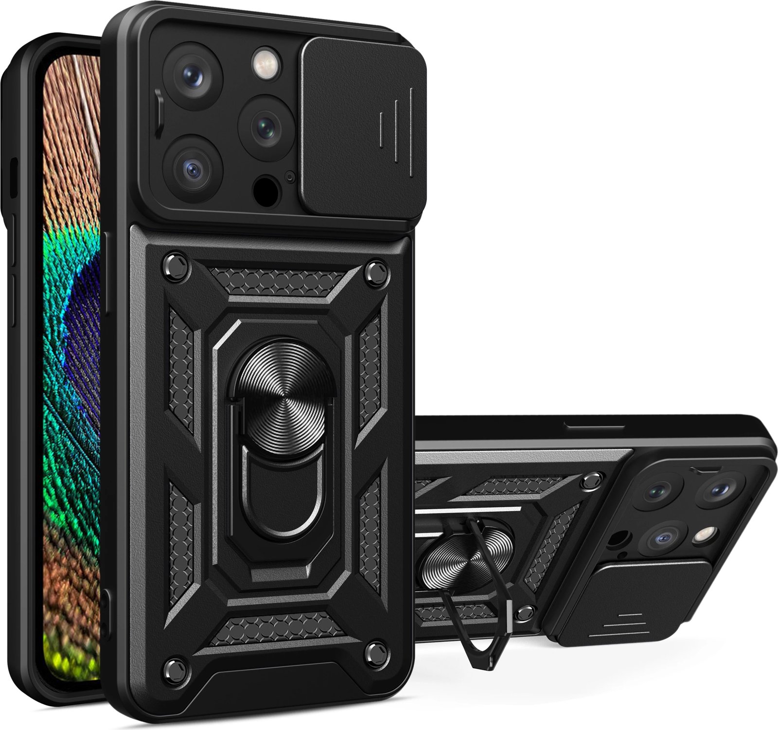 Mbështjellës Hurtel Armor Camshield me stand dhe mbulesë kamere për iPhone 15 Pro Max, i zi
