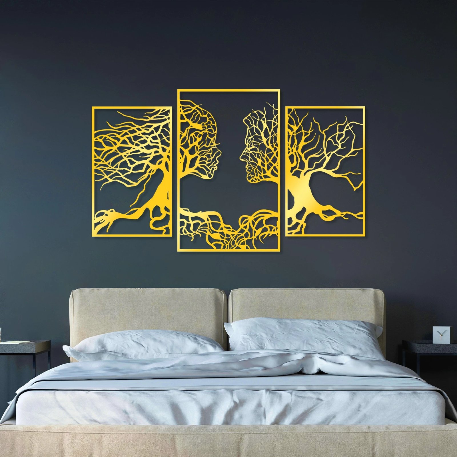 Aksesor dekorativ metalik për mur, Wallity, rrënjë të trefishta, ngjyrë ari, 116x71cm