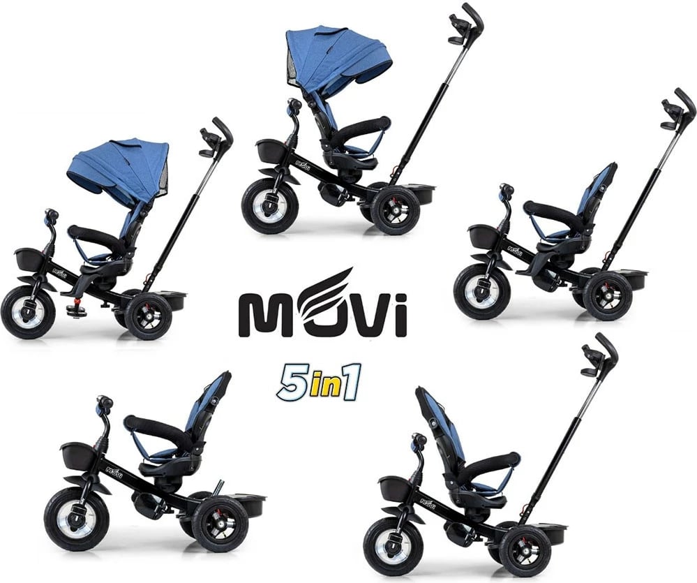 Tricikël me dorezë shtytëse, Milly Mally Movi, sedilje 360°, rrota të fryra, rripa 3‑pikësh, blu