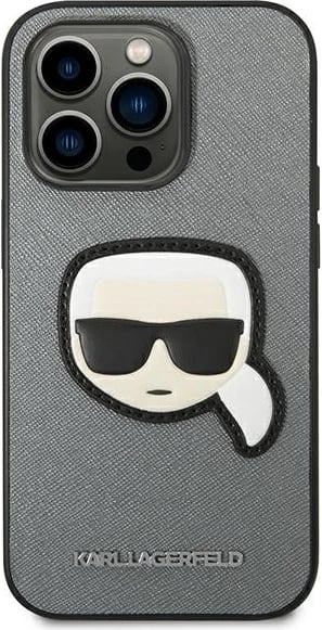 Mbështjellës Karl Lagerfeld KLHCP14XSAPKHG për iPhone 14 Pro Max 6.7", hardcase, Saffiano Karl's Head Patch, argjendtë