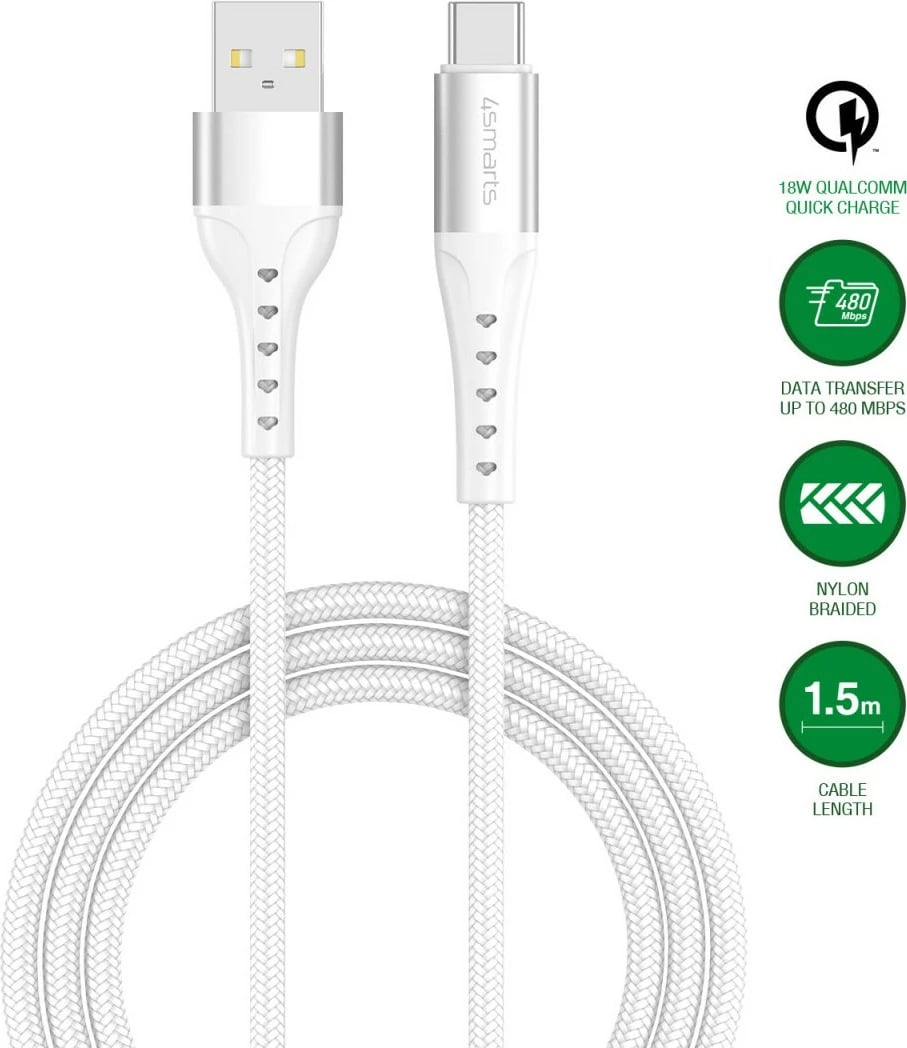 Kabllo USB-A në USB-C 4smarts PrimeCord 1.5m 18W, bardhë Kabllo USB-A në USB-C 4smarts PrimeCord 1.5m 18W, bardhë
