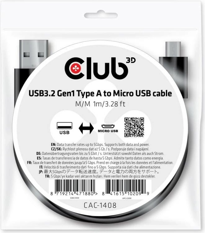 Kabllo USB Club3D 1m, USB A në Micro-USB B, e zezë