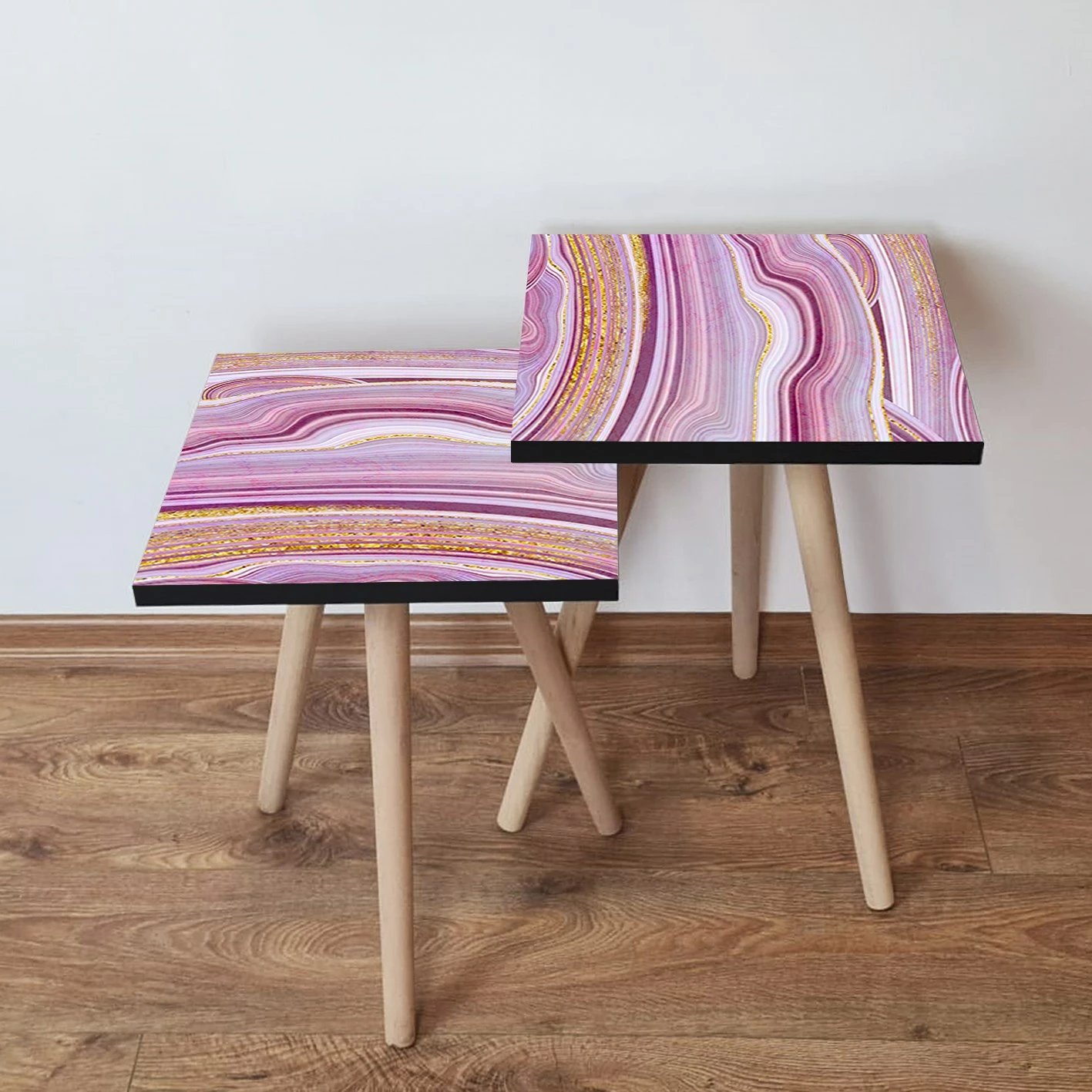 Set tavolinash të mbivendosura, ngjyrë rozë, ari dhe e bardhë, Skye Decor, 2 copë, 2Shp88