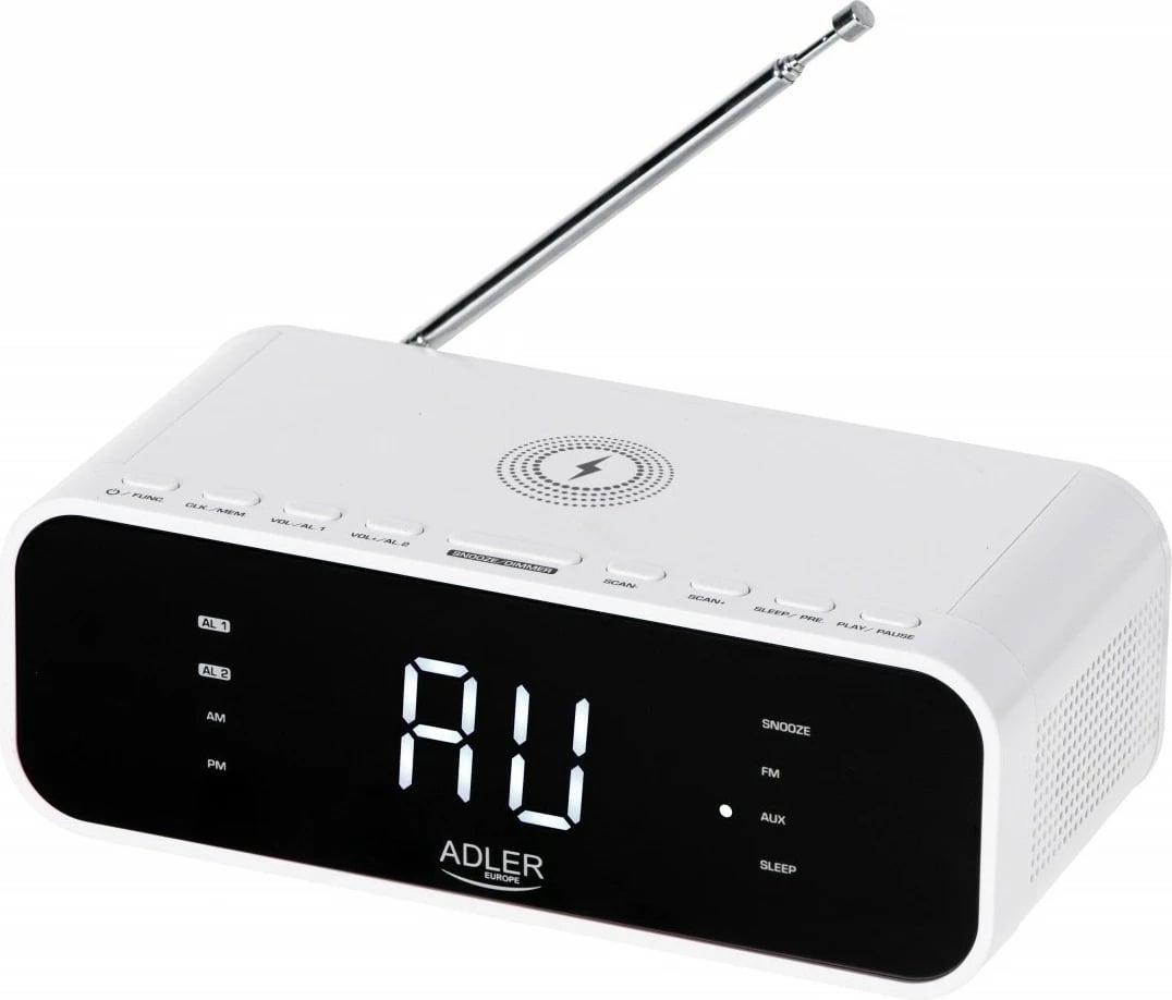 Radio‑alarm Adler AD1192W, FM PLL, Bluetooth 5.0, ngarkim pa tela 5W, 30 preset-e, e bardhë