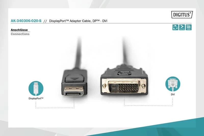 Kabllo adapter Digitus AK-340306-020-S, DisplayPort në DVI-D (24+1), 2m, e zezë