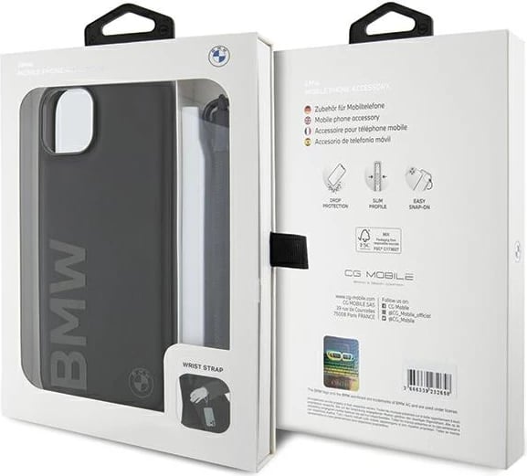 Mbështjellës BMW Signature Leather Wordmark Cord për iPhone 15/14/13, Lëkurë, E zezë