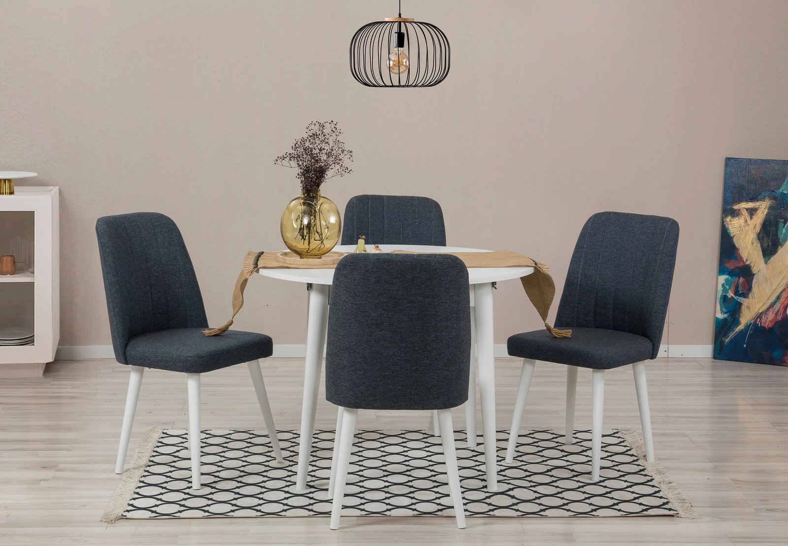 Tavolinë me karrige, e zgjatshme, 5 copë, ngjyrë e bardhë dhe kaltër e errët, Skye Decor, Vina 1048