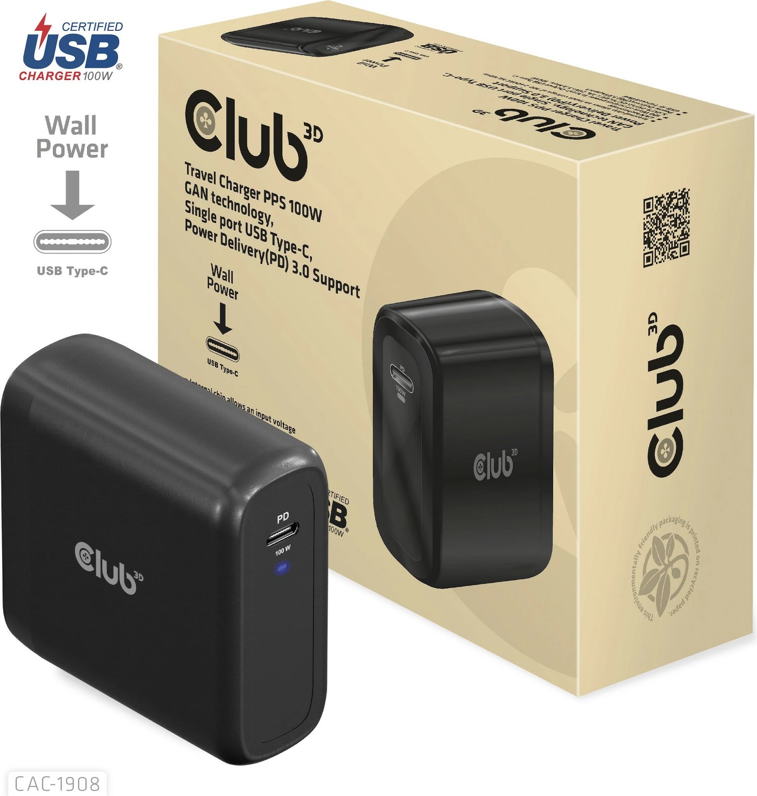 Karikues Club3D USB Type-C PD 100W, GaN, i zi