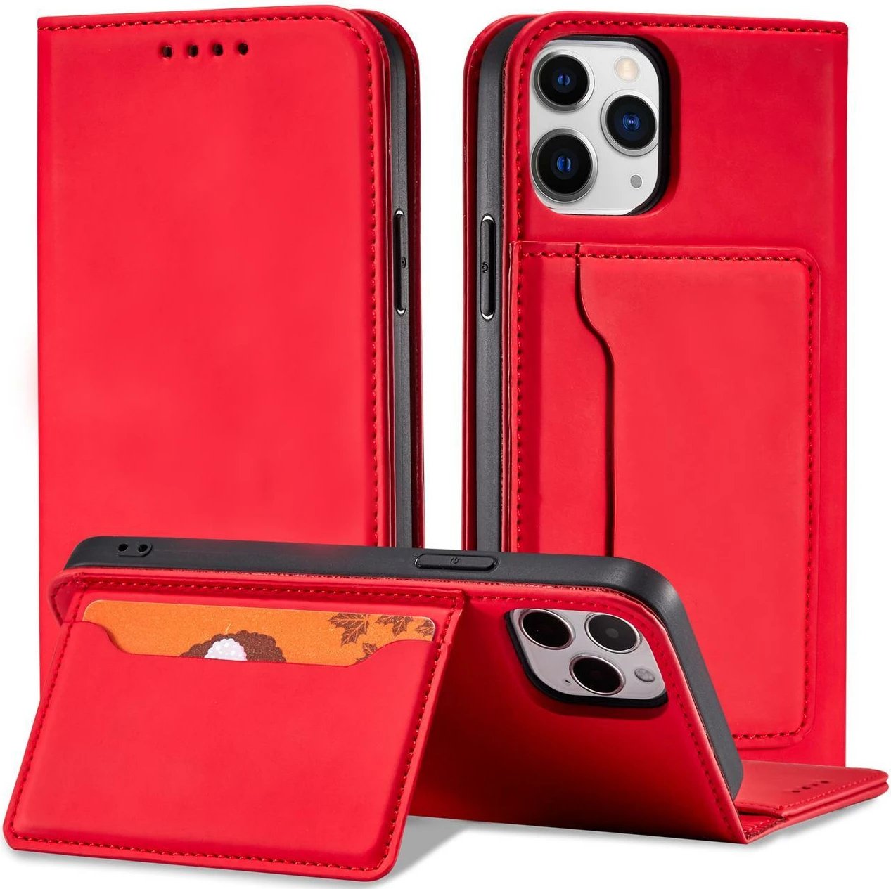 Mbështjellës Hurtel Magnet Card Case për iPhone 12 Pro, me portofol dhe qëndrim, Kuq