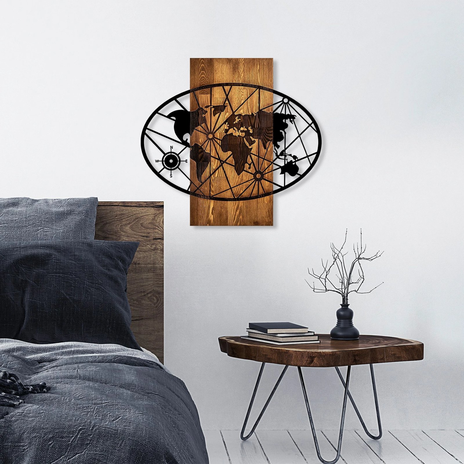 Aksesor dekorativ për mur, hartë bote, dru arre & e zezë, Wallity, 57x62cm