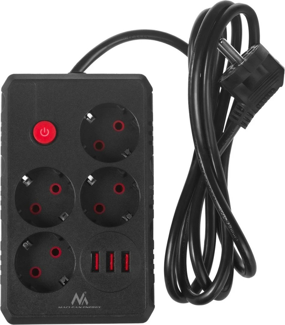 Prizë zgjatuese Maclean MCE392 B, 4x Schuko + 3x USB, 2500W, kabllo 1.5 m, e zezë
