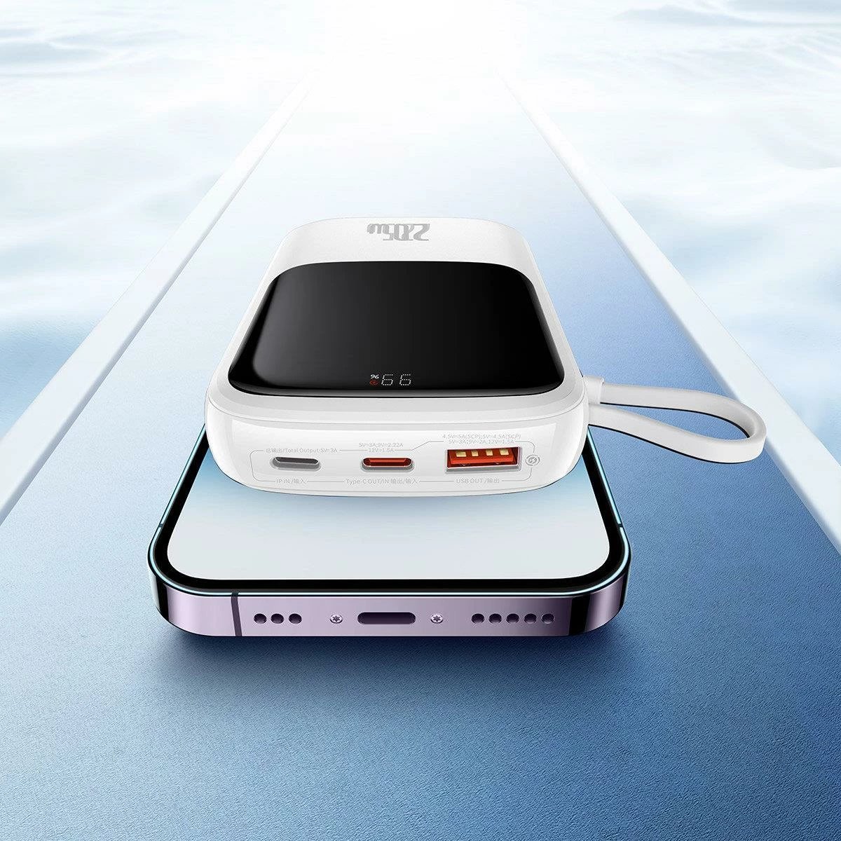 Power bank Baseus Qpow, 10000mAh, 20W, me kabllo Lightning të integruar, Bardhë