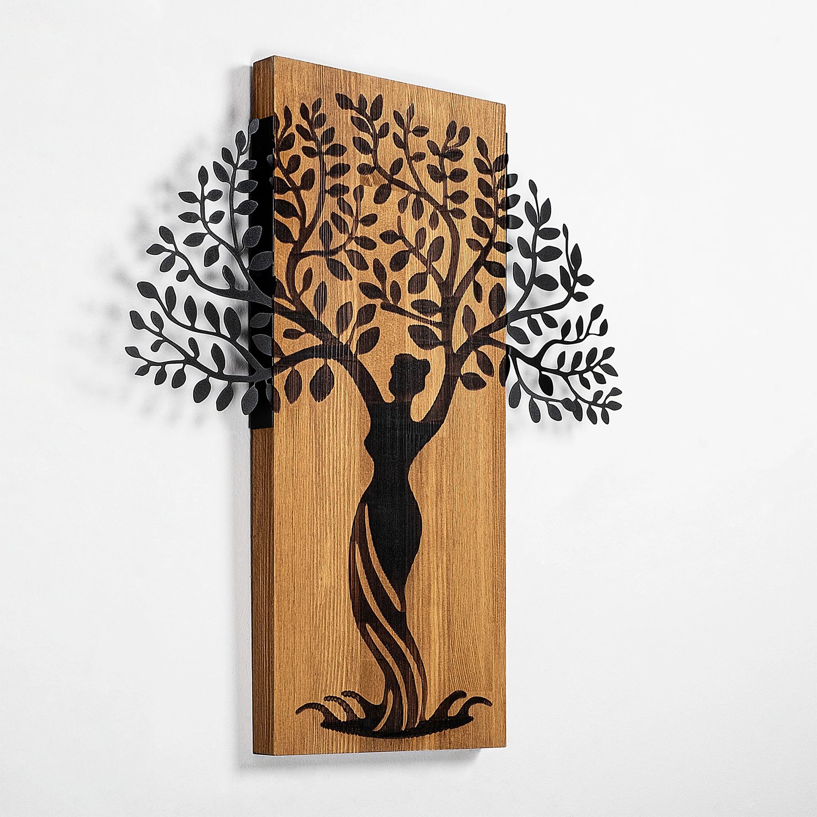 Aksesor dekorativ muri prej druri, Wallity, Woman Tree 3, ngjyrë arre, e zezë, 54x58cm