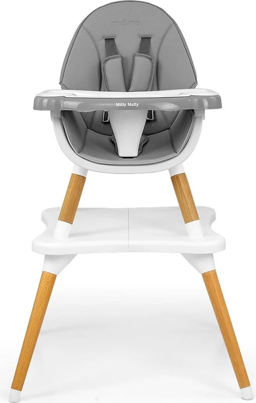 Karrige ngrënie 2‑në‑1 për fëmijë, Milly Mally, Malmo, konvertim karrige e lartë/karrige e ulët + tavolinë, rrip 5‑pikësh, tabaka e heqshme, dru ahu, eco‑lëkurë, gri