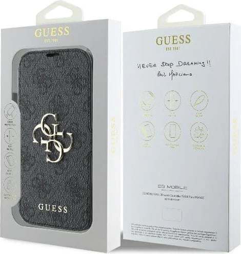 Mbështjellës Guess 4G Metal Logo për iPhone 16, e zezë