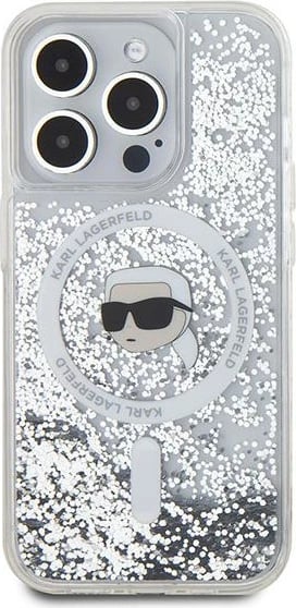 Mbështjellës Karl Lagerfeld Liquid Glitter Karl Head MagSafe për iPhone 15 Pro Max, Transparent