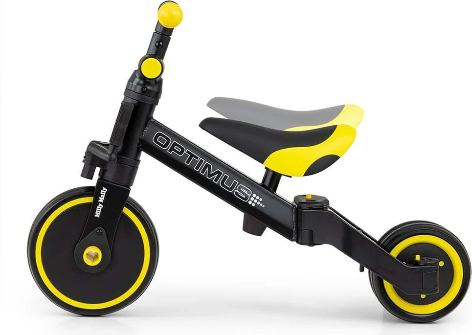 tricikel 3-në-1, Milly Mally Optimus, pedale të heqshme, rrota shkumë, sedilje e rregullueshme, i palosshëm, 12m+, e zezë
