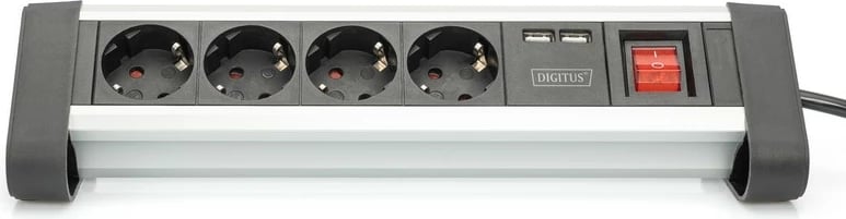 Prizë zgjatuese Digitus DA-70614, 4 dalje Schuko, 2x USB, alumini/zezë, 1.5m
