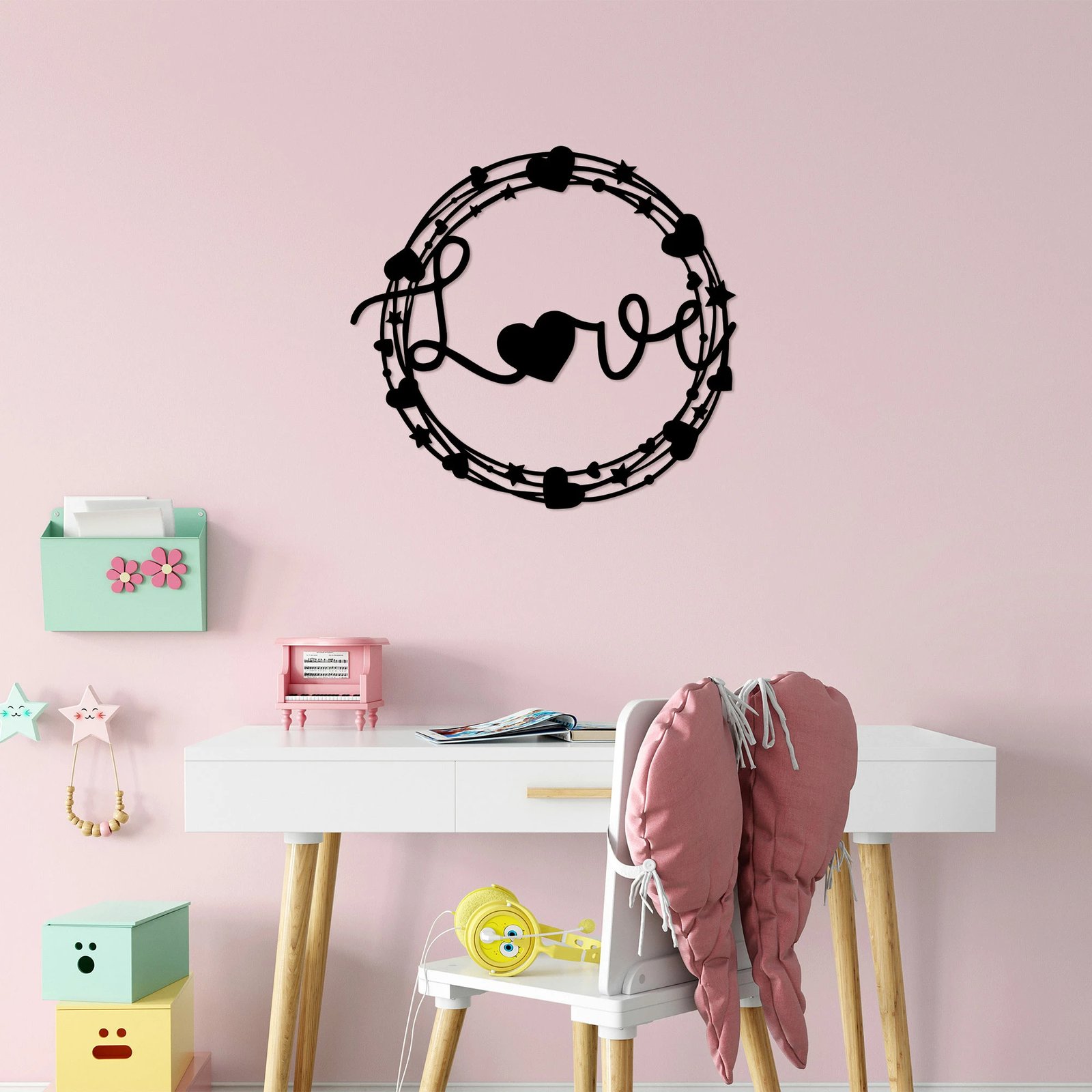 Aksesor dekorativ metalik për mur, Wallity, Love - 469, ngjyrë e zezë, 66x70cm