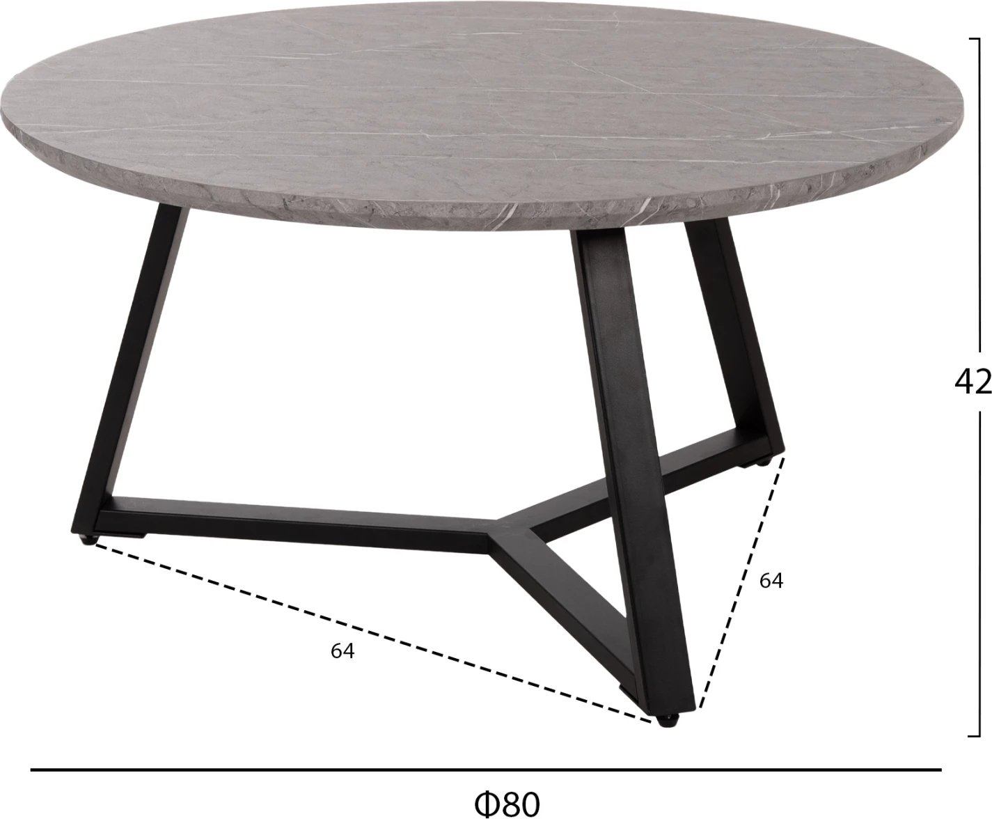 Tavolinë kafeje rrethore, MDF, ngjyrë mermeri gri, bazë metalike e zezë, FH9586.02, Φ80x42H cm