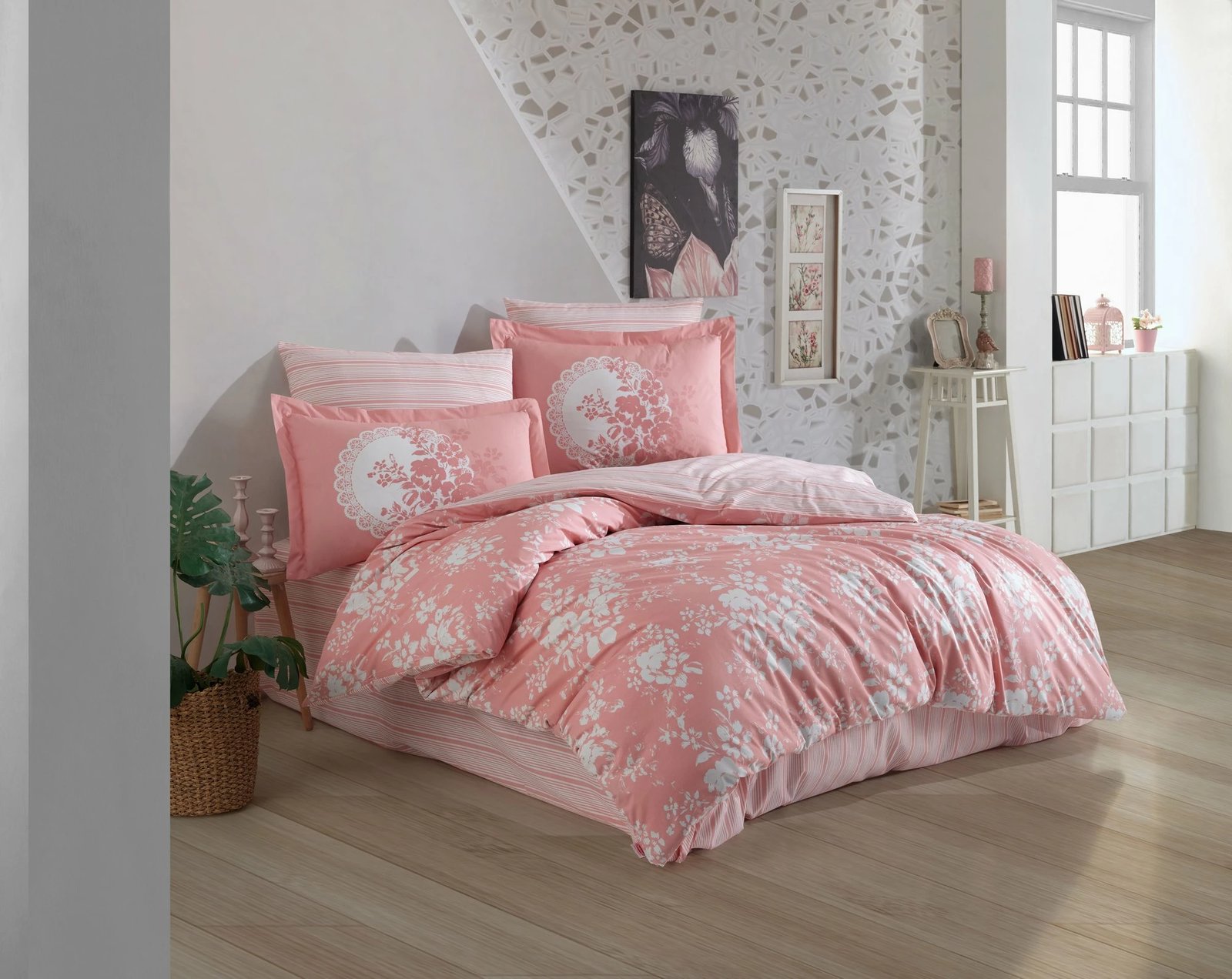 Set mbulesë për jorgan dopio, ngjyrë pluhur, Flora, L'essentiel