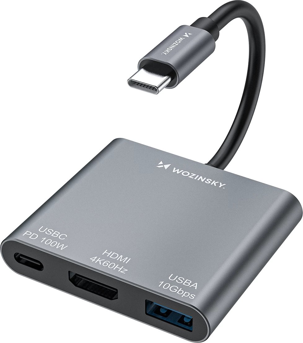 Hub USB-C Wozinsky WHCH-01 PD 100W HDMI 4K@30Hz USB-A 10Gbps, gri