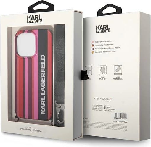 Mbështjellës Karl Lagerfeld KLHCP14XSTSTP për iPhone 14 Pro Max, hardcase, me rrip, rozë