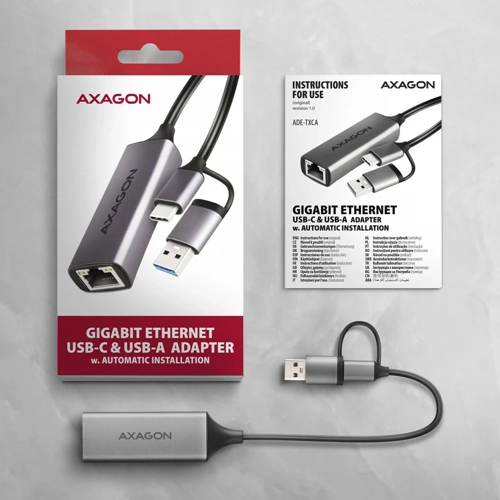 Adapter AXAGON ADE-TXCA Gigabit Ethernet, USB-C + USB-A, Gri