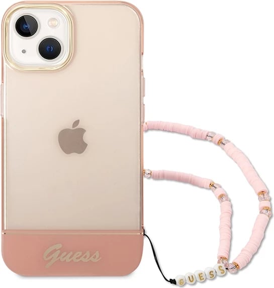 Mbështjellës Guess GUHCP14MHGCOHP për iPhone 14 Plus 6.7", Translucent Pearl Strap, Rozë