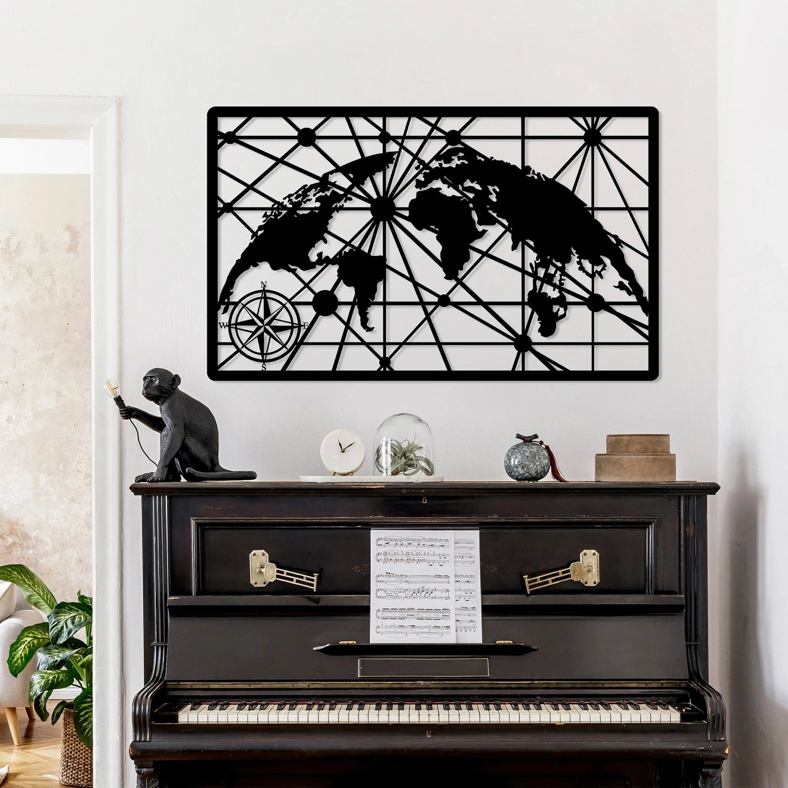 Aksesor dekorativ metalik për mur, hartë bote, Wallity, 60x100cm, ngjyrë e zezë