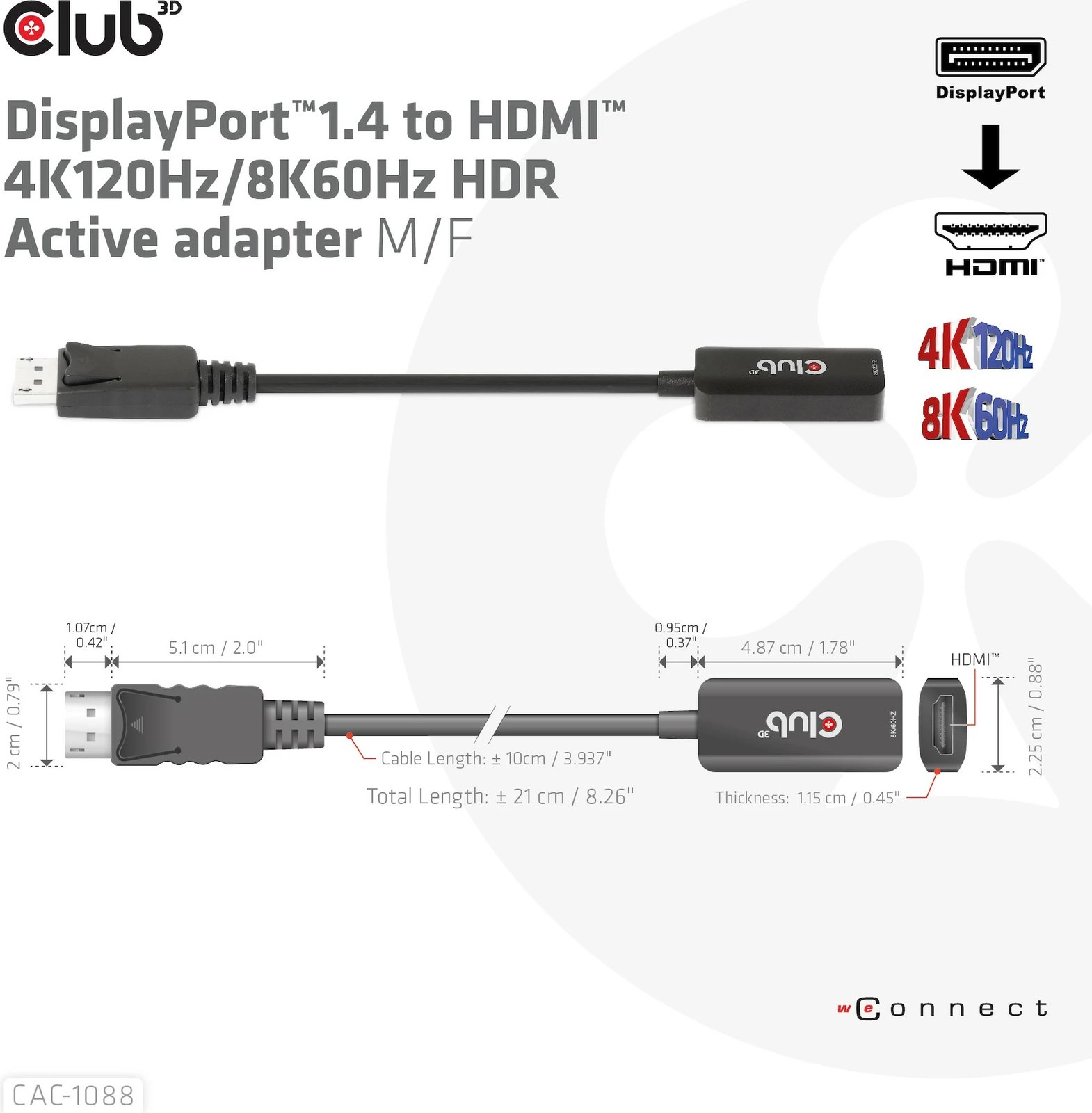 Adapter Club3D DisplayPort 1.4 n’HDMI, HDR, 8K60Hz, i zi