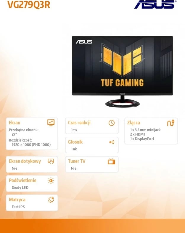 Monitor gaming Asus TUF VG279Q3R, 27", FHD, Fast IPS, 180Hz, i zi