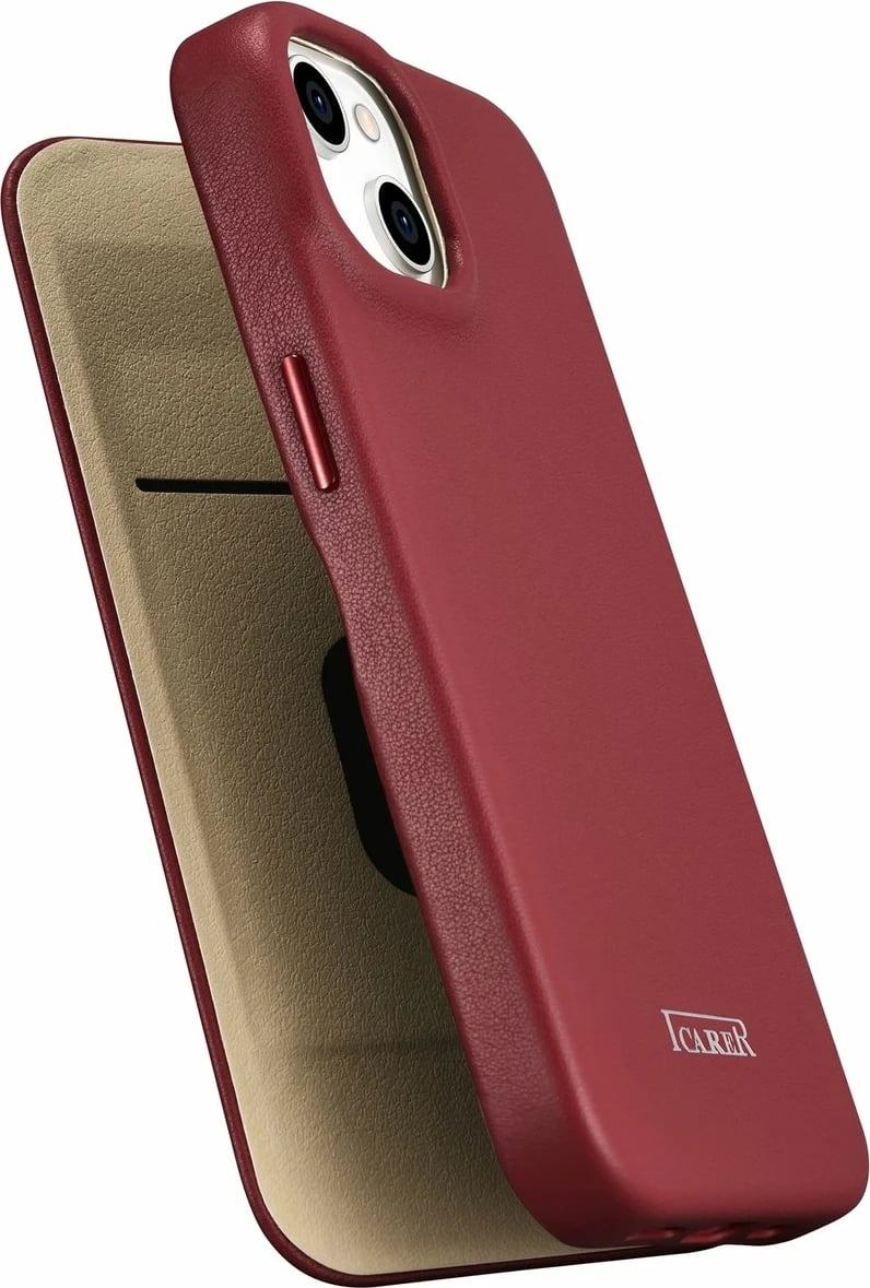 Mbështjellës lëkure iCarer CE Premium Folio për iPhone 14 Plus, MagSafe, Kuq