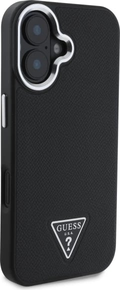 Mbështjellës Guess Grained Triangle MagSafe për iPhone 16 Plus 6.7", i zi, hardcase