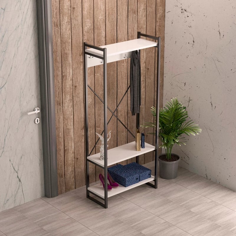 Mobilje hyrëse me varëse Baker, metal i zi dhe melaminë e bardhë, 90x34x180cm