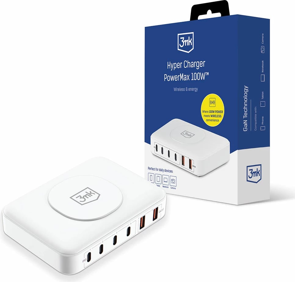 Karikues muri 3mk Hyper Charger PowerMax 100W, 7 porta, i bardhë