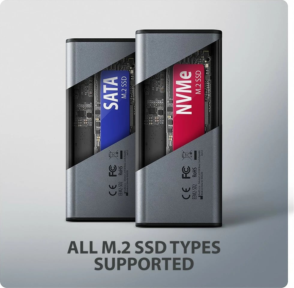 Kasë e jashtme AXAGON EEM2-SD2, për SSD M.2 NVMe/SATA, USB-A/C 3.2 Gen2, ekran LCD, Gri