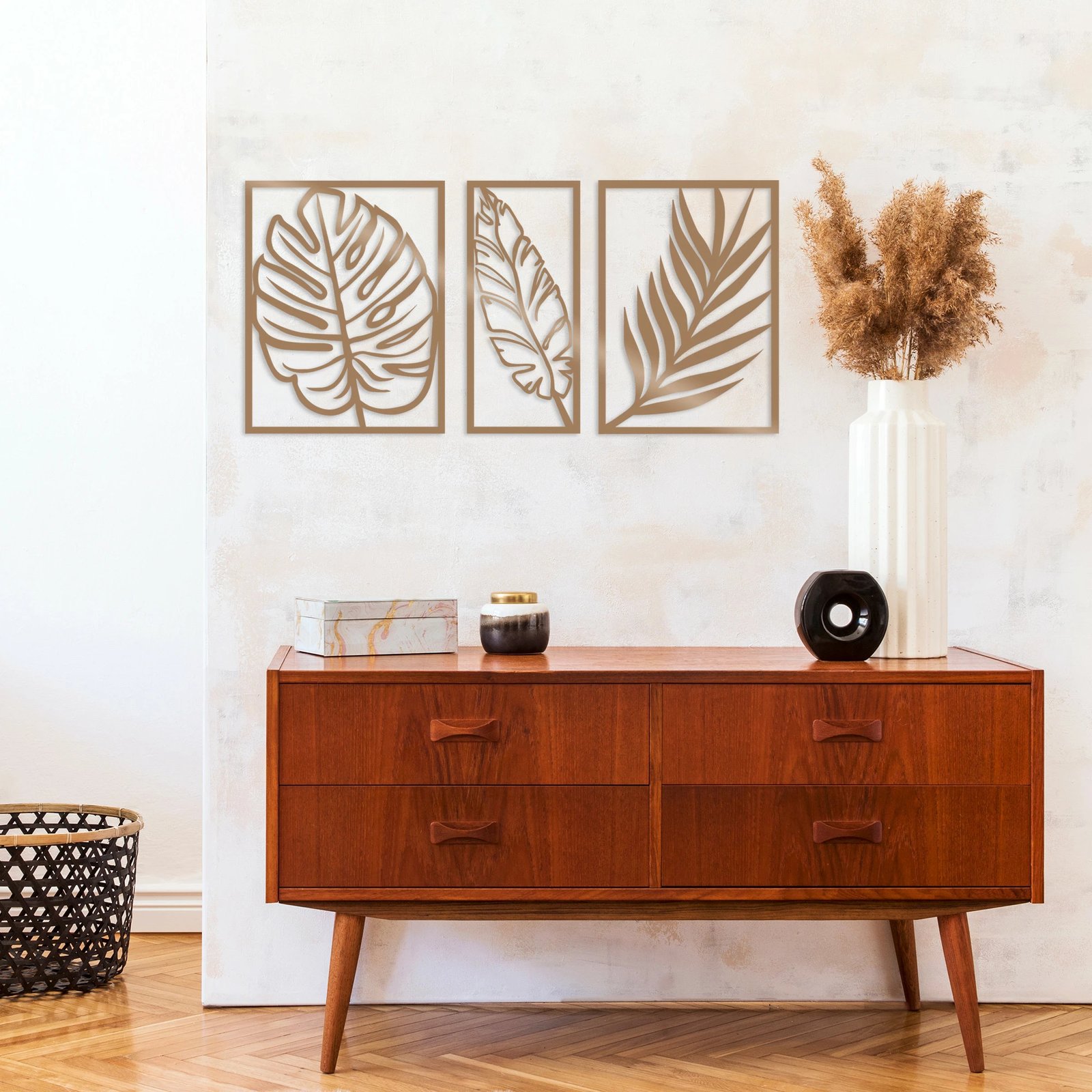 Aksesor dekorativ muri prej metali, gjethe, ngjyrë bakri, 80x38cm