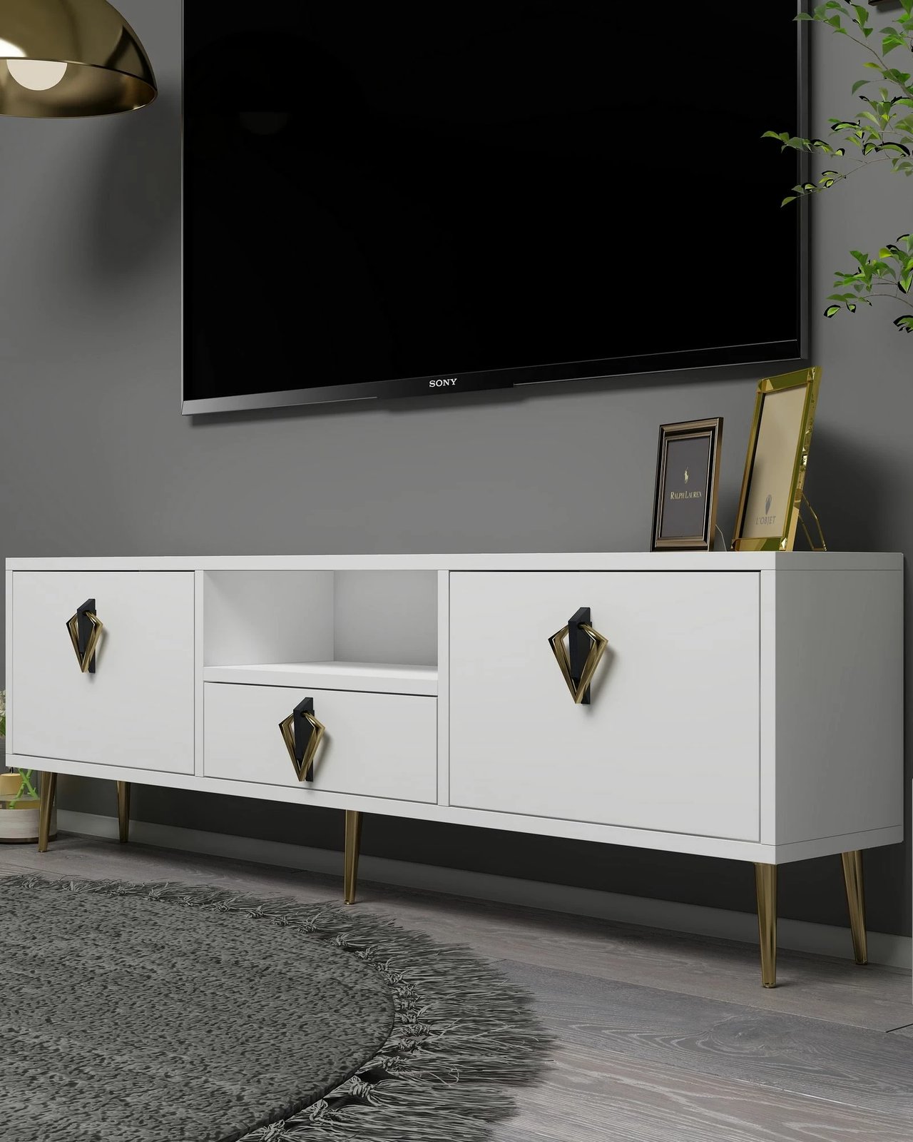 Komodë për TV Skye Decor, 1311-DROP-32, e bardhë, e zezë, e artë