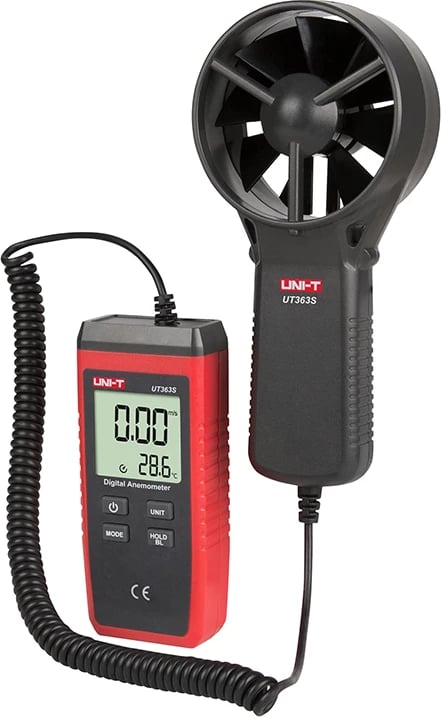 Anemometër, UNI-T, UT363S, sensor i ndarë me kabllo, matje shpejtësie ere dhe temperature, ekran i ndriçuar, zezë/kuqe