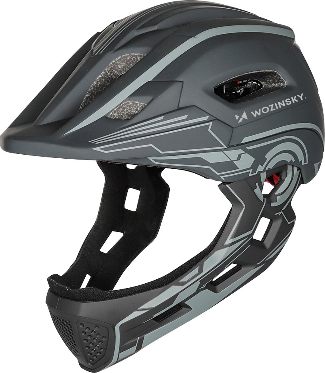 Kaskë biçiklete full-face për fëmijë, Wozinsky HT-27S, me dritë të pasme LED me USB, rregullim 360°, peshë 400 g, S 52-56 cm, gri