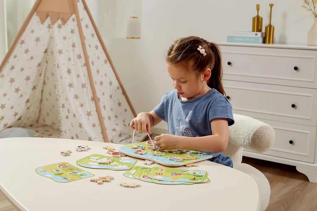 Lojë lidhëse druri, Viga, fermë, 20 pllaka + 10 karta, për 36M+, shumëngjyrësh